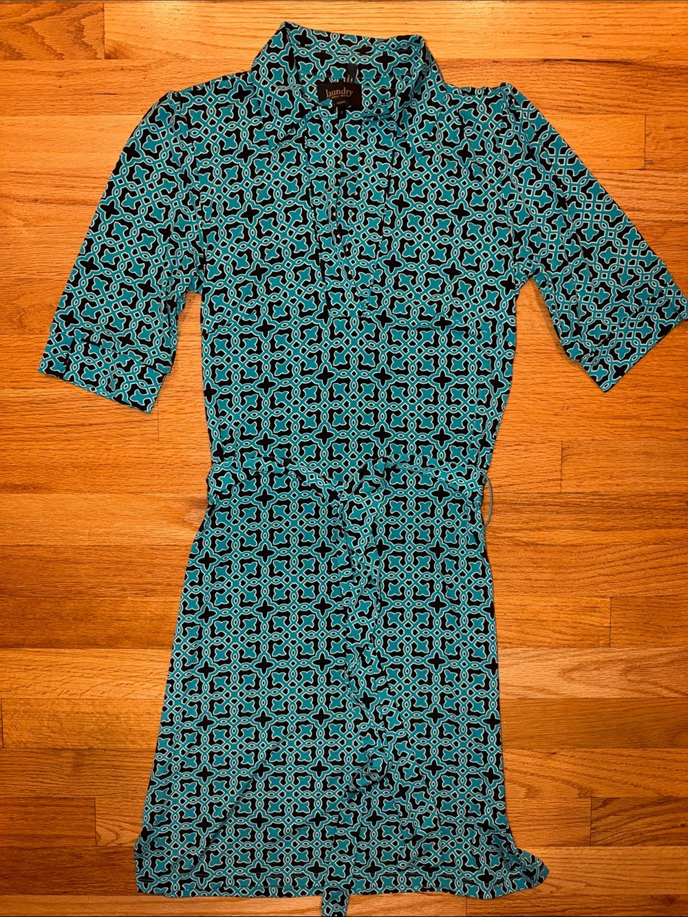Laundry By Shelli Segal Teal and Black Geometric Shirt Dress